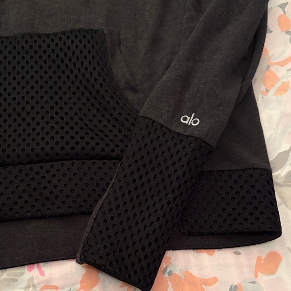 ALO Yoga Charcoal Hoodie with Black Mesh Accents - Picture 2 of 6
